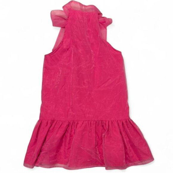 TCEC Hot Pink Bow Tie Neck Mini Dress | Size L | Organza Ruffle Hem - Picture 3 of 4